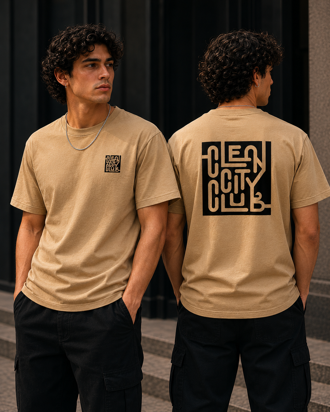 Person wearing a beige t-shirt with 'Clean City Club' logo on front and back.