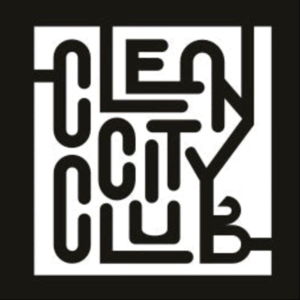 Black and white logo of Clean City Club on a black background